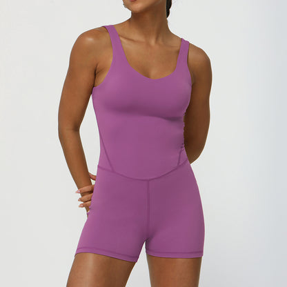 High Performance Wide Strap V Neck One Piece Jumpsuit for Yoga Waist Shaping Design Butt Lifting Fit and Built in Chest Padding