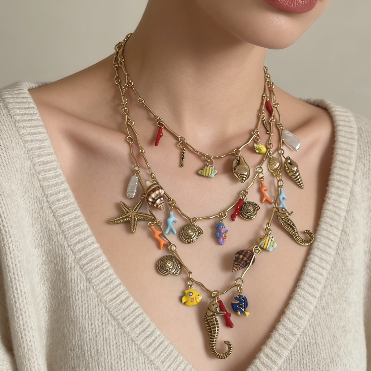 Chic Ocean-Inspired Layered Necklace with Alloy Seahorse, Shell, Starfish Charms & Faux Pearl - Perfect for Casual Vacations