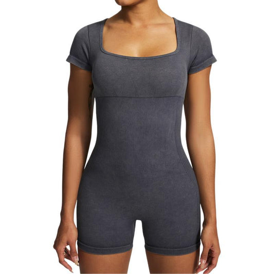 Seamless Sandwash Deep Neck Bodysuit High Elasticity Compression Fitness Yoga Outfit for Comfort and Style