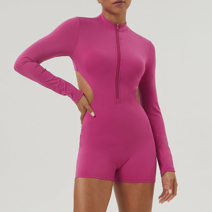 Women's Long Sleeve Half Zip Bodysuit Form Fitting Hollow Out Design with Open Waist for Yoga and Fitness Includes Removable Padding for Enhanced Comfort