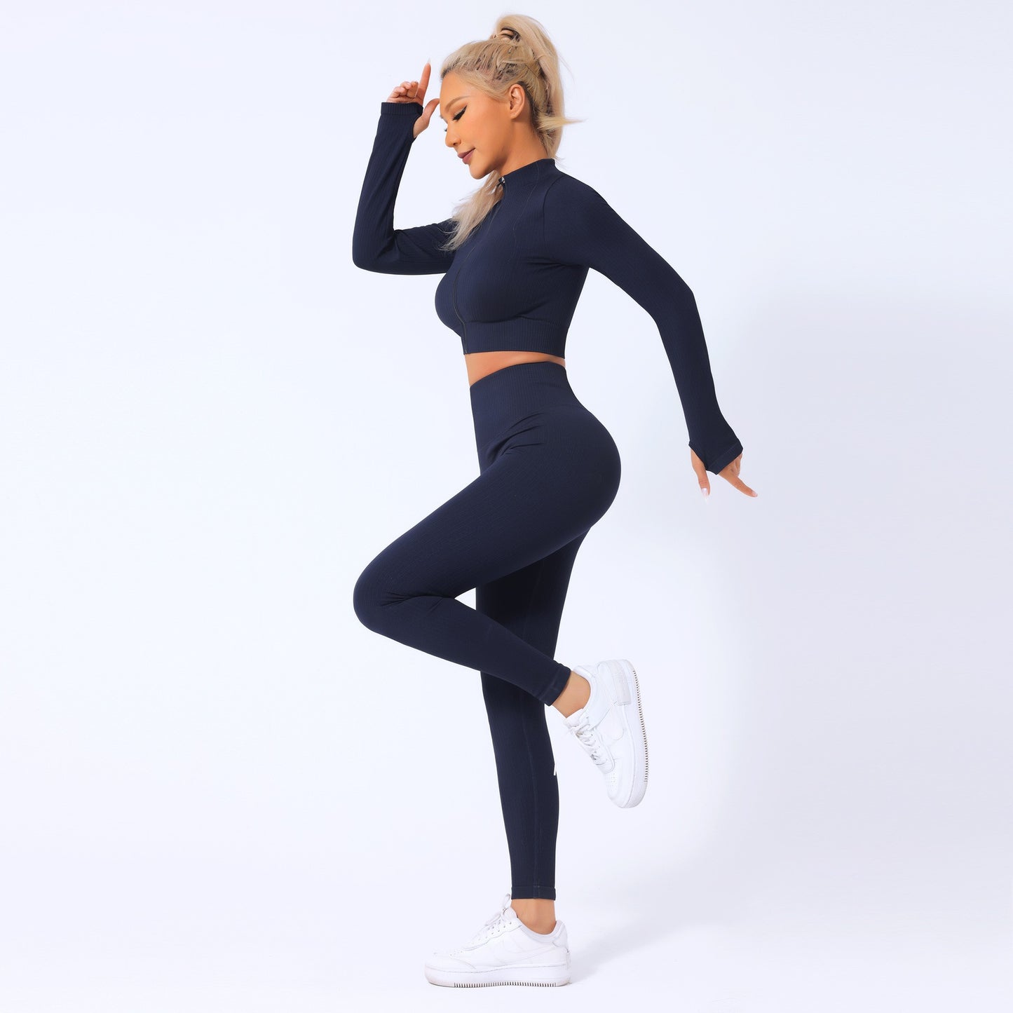 Women's Quick Dry Yoga Set Long Sleeve Zip Up Fitness Top High Waisted Tummy Control Yoga Pants for Comfort and Style