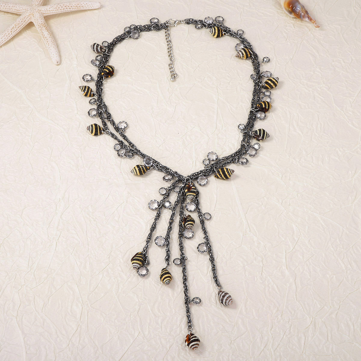 Bohemian-Inspired Layered Shell Pendant Necklace for Women - Versatile Geometric Tassel Design Perfect for Casual Style