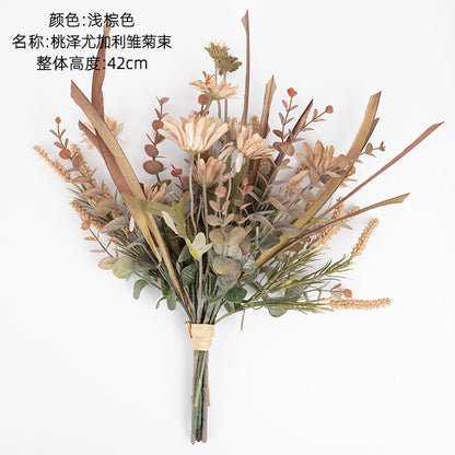 Peach Blossom Eucalyptus Daisy Bouquet - Stunning Home Decor Hand-Tied Floral Arrangement for Wall Art | Realistic Faux Flowers CF01024