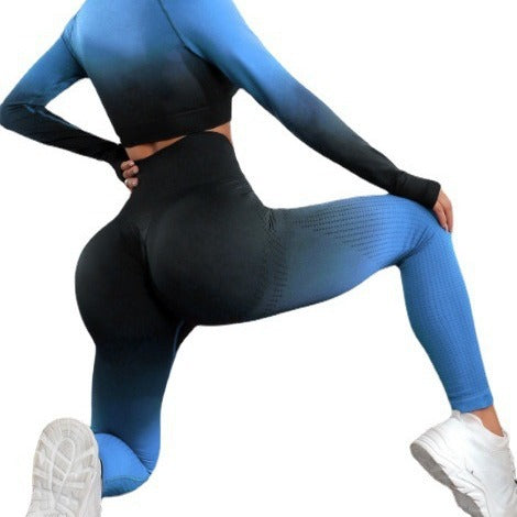 Seamless Gradient Peachy Butt Lifting Long Sleeve and Pants Set for Women Yoga Running and Fitness Outfit