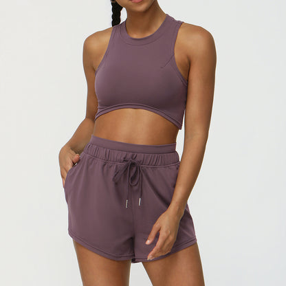 Short Sleeve Yoga Set High Waisted Drawstring Shorts Sleeveless Tank Top for Comfort Performance