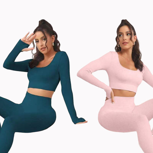 6 Color Ribbed High Waisted Seamless Long Sleeve Yoga Set with Butt Lifting Leggings for Performance and Style