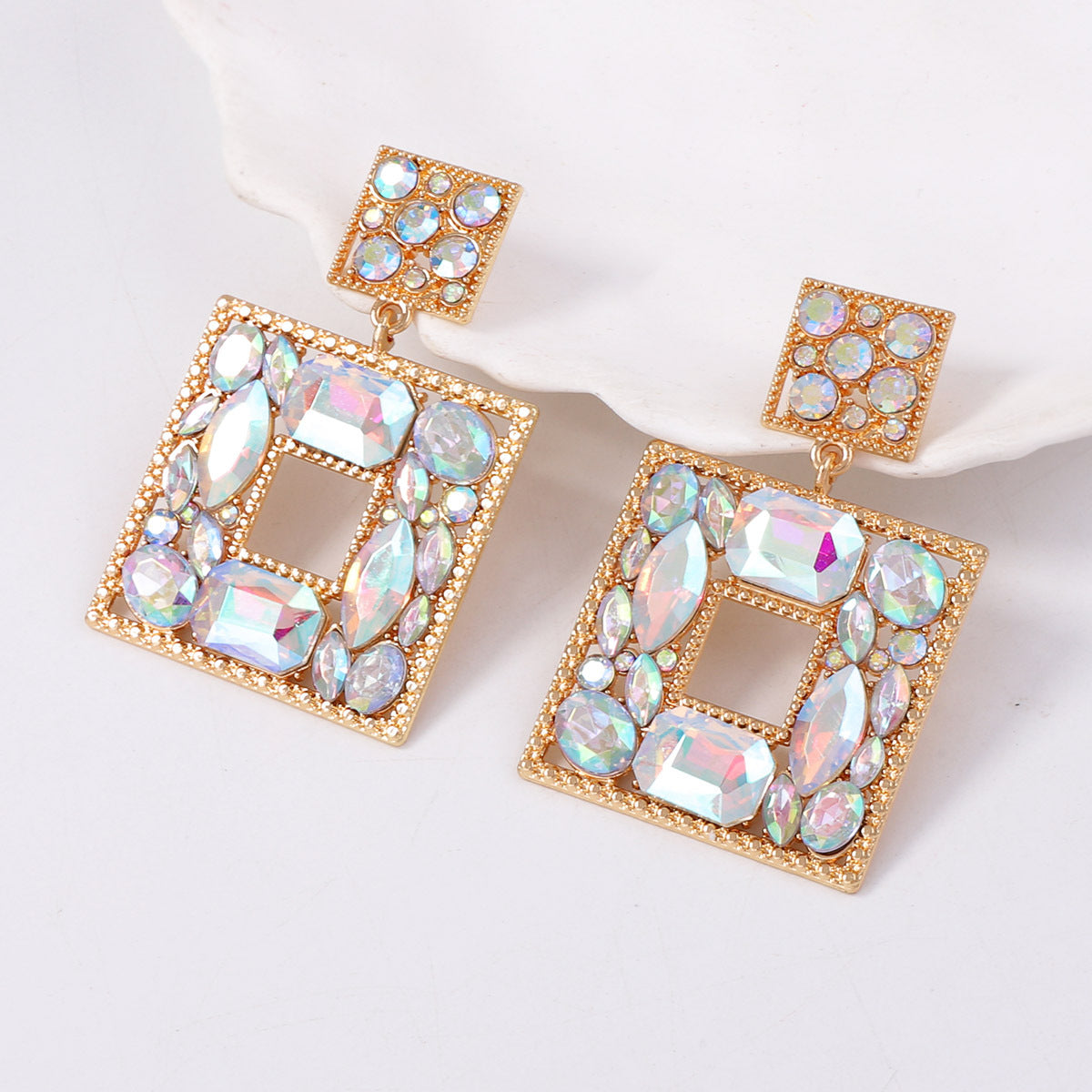 Stunning  Geometric Square Alloy Earrings with Colorful Rhinestones - Luxe, Bold, and Unique Design for a Striking Look