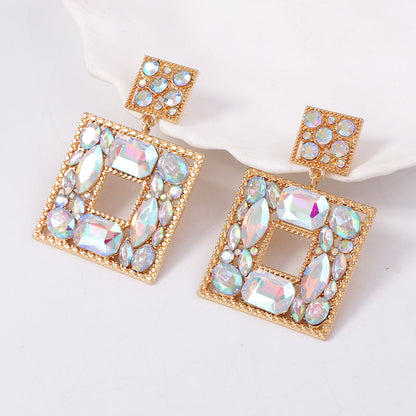 Stunning  Geometric Square Alloy Earrings with Colorful Rhinestones - Luxe, Bold, and Unique Design for a Striking Look