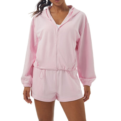 Women s Zippered Hooded Jacket and Yoga Short Set 3 Point Athletic Shorts for Running Fitness and Casual Wear