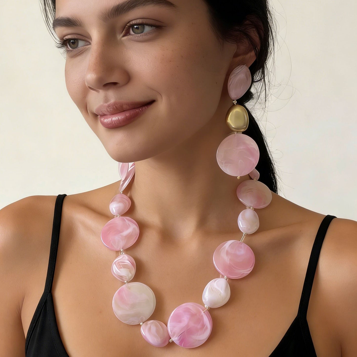 Stylish Minimalist Pink Beaded Geometric Earrings and Necklace Jewelry Set - Perfect for Any Occasion
