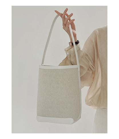 Canvas and Genuine Leather Bucket Tote Bag for Women Versatile Japanese Korean Chic Side Bag for Casual and Commute Use