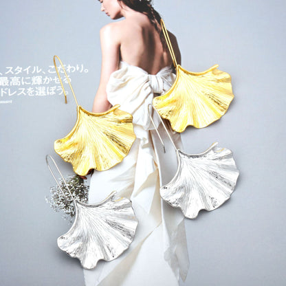 Exquisite Oversized Ginkgo Leaf Alloy Earrings - Minimalist Creative Design with Stylish Metallic Finish for a Unique Fashion Statement