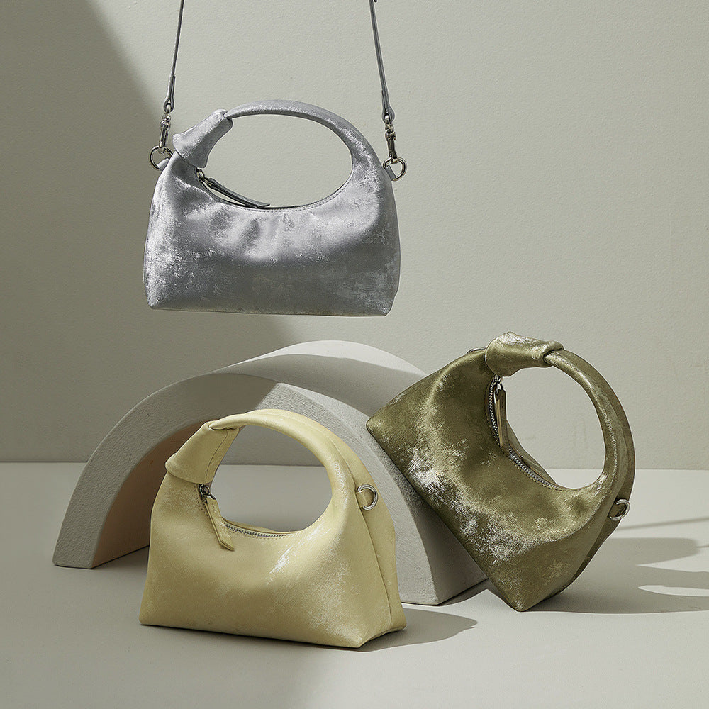 Elegant Silk Satin Dumpling Crossbody Bag Vintage Cloud Shape with Leather Design