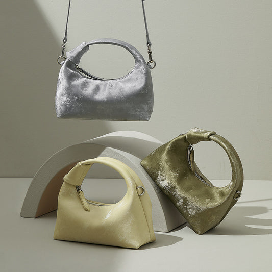 Elegant Silk Satin Dumpling Crossbody Bag Vintage Cloud Shape with Leather Design