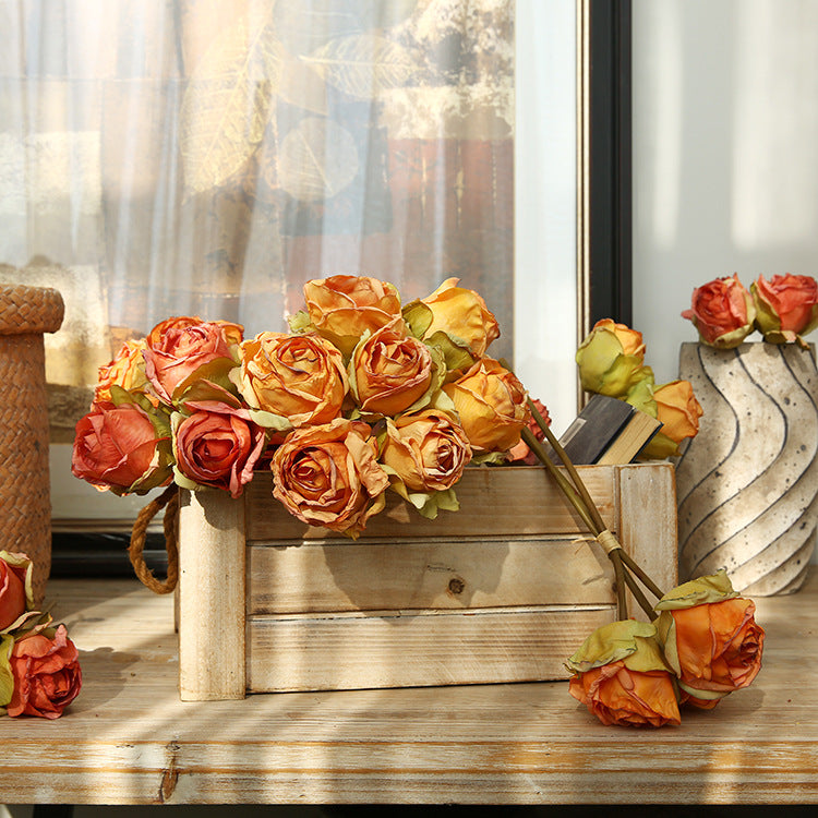 Elegant Faux Rose Bouquet for Living Room and Dining Table - Rustic American Country Floral Arrangement with 10# Burnt Edge Roses