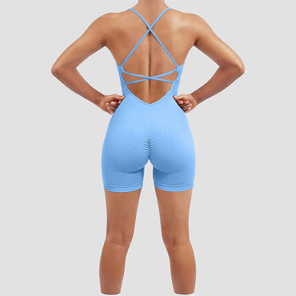 Seamless Wind Yoga Bodysuit with Crossed Thin Straps Chic Back Design and Comfortable Shorts for Flexibility and Style