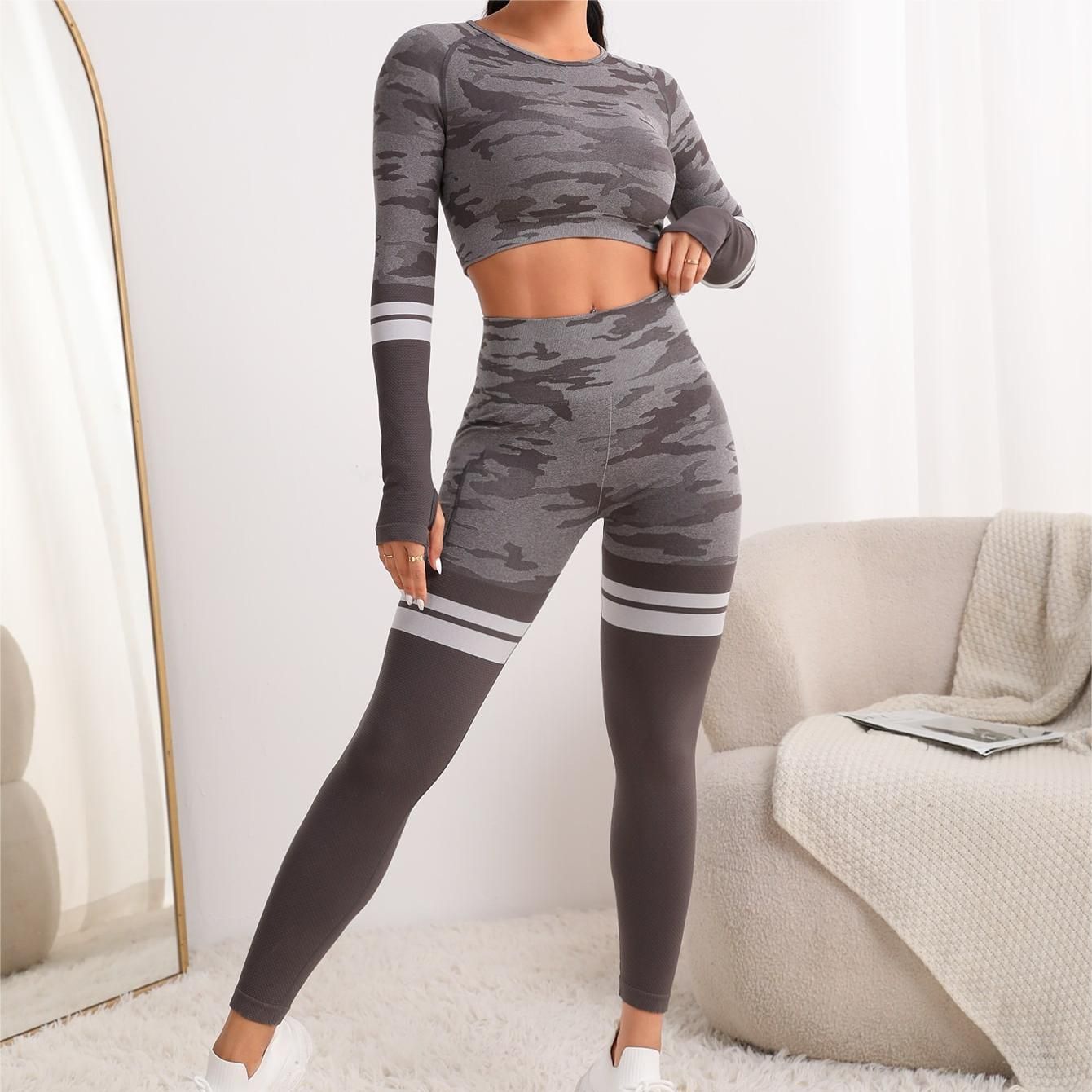 High Waisted Butt Lifting Yoga Leggings Long Sleeve Crop Top Set for Fashionable Comfort and Performance in Every Workout