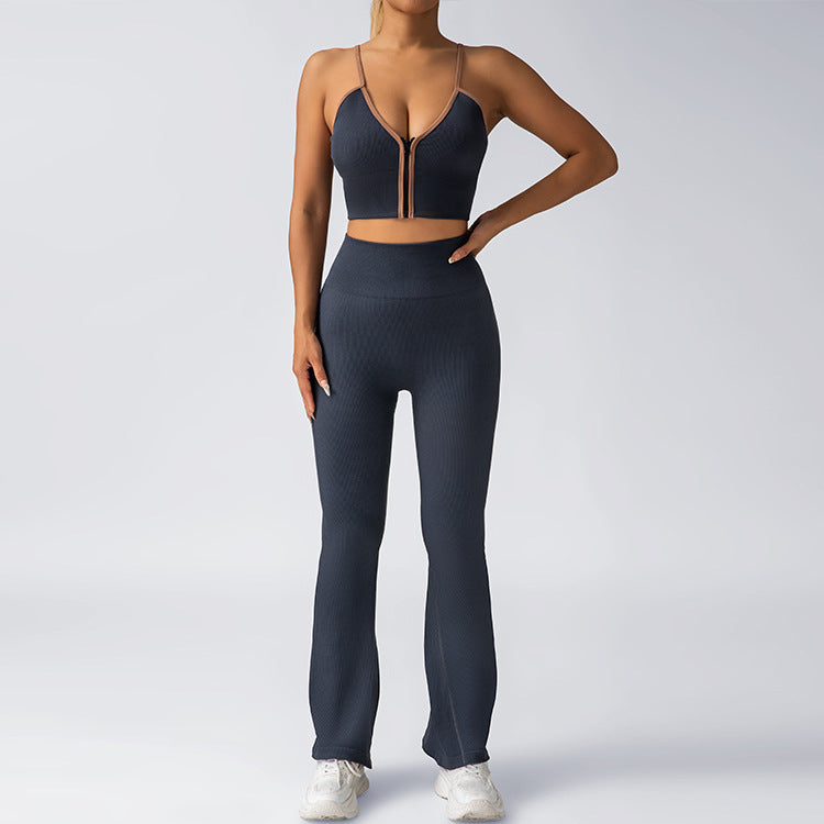 High Waisted Yoga Set with Zippered Flared Pants and Built In Chest Padding for Outdoor Sports Fit and Fashion