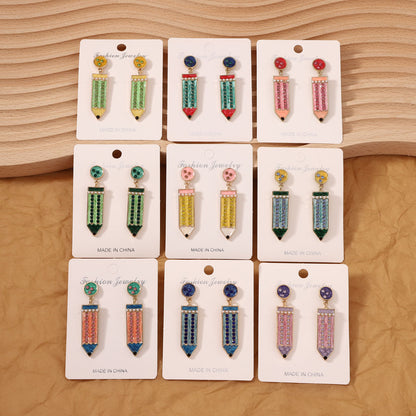 Cute Back-to-School Enamel Pencil Earrings with Rhinestones - Trendy Jewelry for Girls and Women - Perfect Accessory for School Spirit and Fashion
