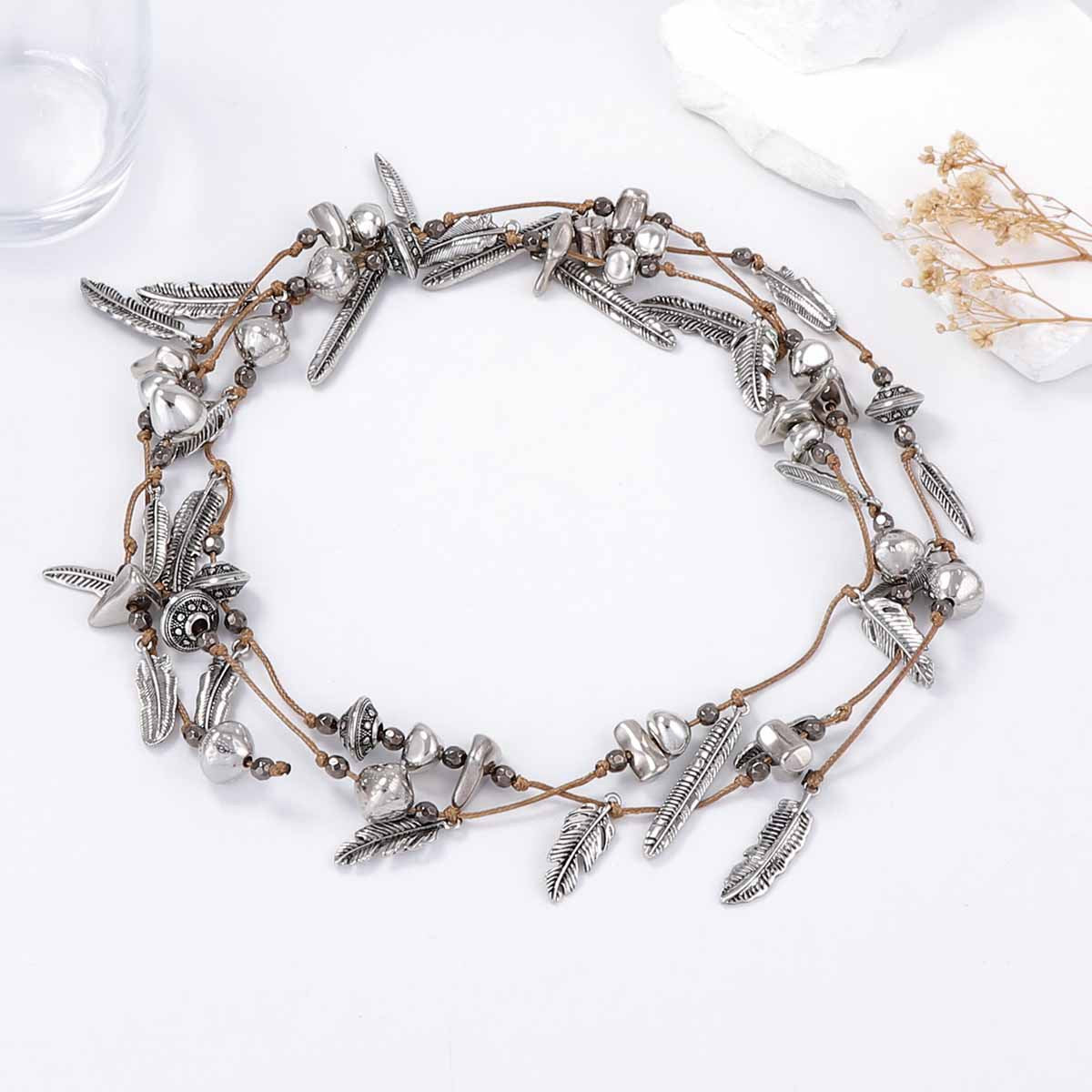 Unique Multi-Layer Braided Rope Alloy Leaf Feather Pendant Necklace - Versatile Everyday Wear for Stylish Women - Perfect for Work, Casual Outings, and Special Occasions