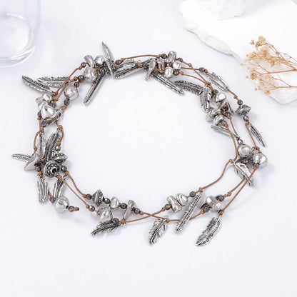 Unique Multi-Layer Braided Rope Alloy Leaf Feather Pendant Necklace - Versatile Everyday Wear for Stylish Women - Perfect for Work, Casual Outings, and Special Occasions