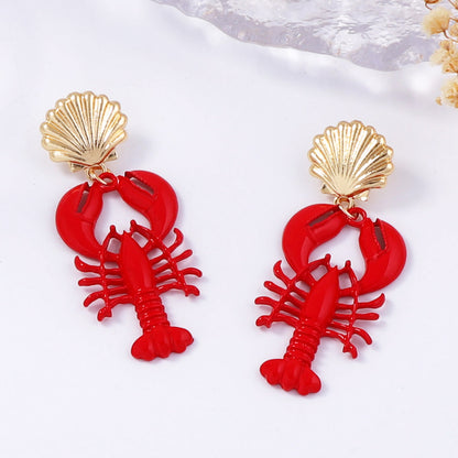 Summer Ocean-Inspired Vacation Marine Life Red Lacquer Lobster and Seashell Alloy Earrings for Women – Perfect for Beach Getaways and Casual Chic Outfits
