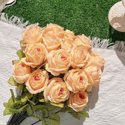 Elegant Princess-Inspired Faux Rose Bouquet - Exquisite French-Style Large Rolled Edges Silk Flowers for Stunning Home Décor and Dining Table Centerpieces