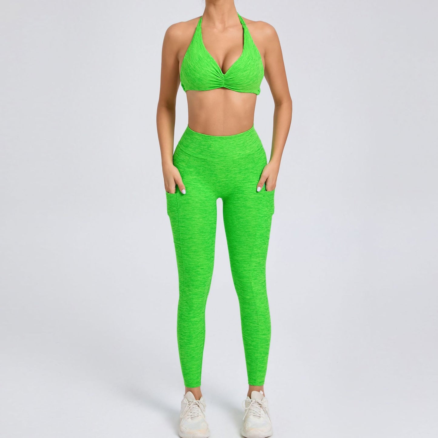 High Waisted Color Blocked Yoga Set with Side Pockets Two Piece Moisture Wicking Workout Outfit for Comfort and Style