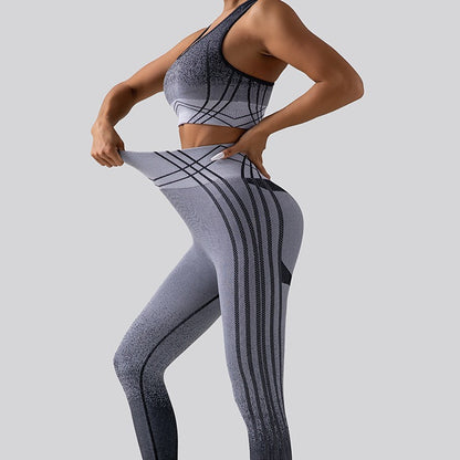 Gradient Yoga Outfit Set High Waisted Butt Lifting Leggings with Shockproof Sports Bra for Running and Fitness