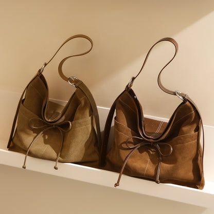 Elegant High Gloss Sanded Leather Bowknot Underarm Bag Spacious Genuine Leather Shoulder Bag for Women