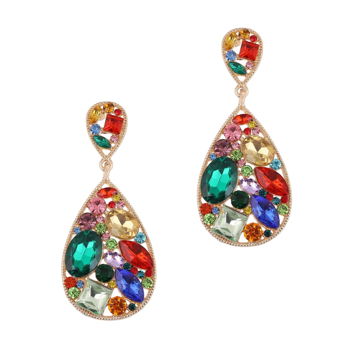Trendy Creative Alloy Earrings with Colorful Rhinestones - Exaggerated Hollow Design for Unique and Stylish Women's Fashion Accessories