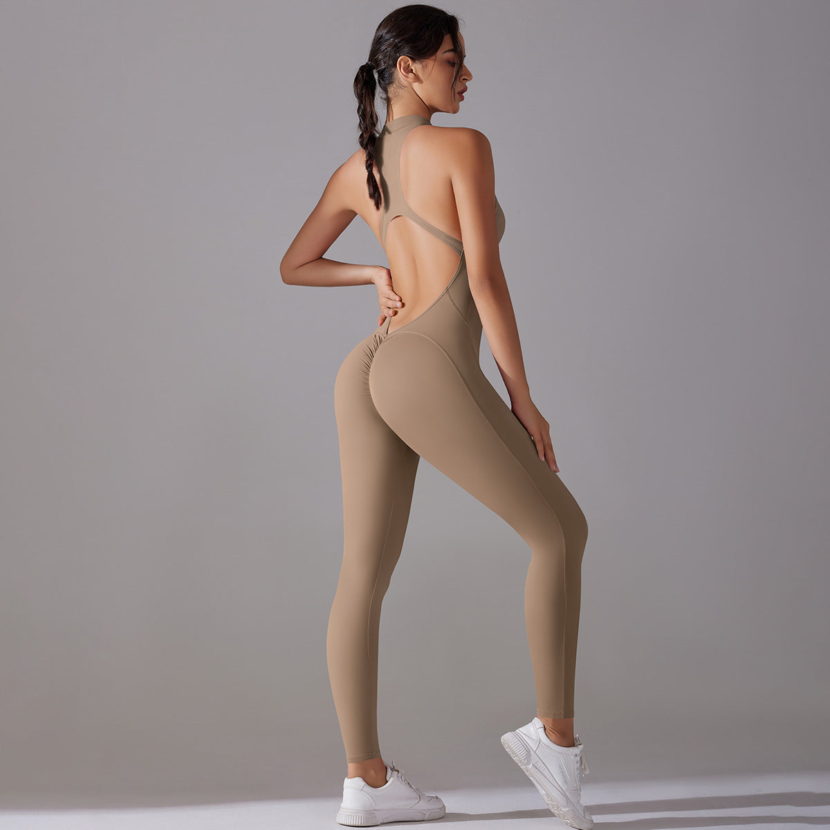 Sculpting Full Body Zip Up Yoga Suit Shaping Compression Bodysuit with Cutout Design for Enhanced Back Support and Flexibility