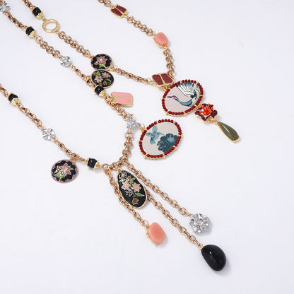 Bohemian Style Alloy Floral & Bird Print Double Layer Tassel Pendant Necklace for Women – Unique, Trendy, and Perfect for Any Occasion