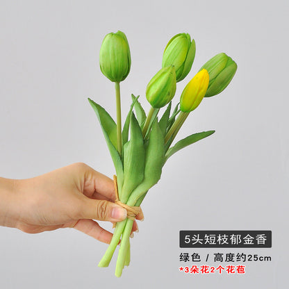 5-Head Short Stem Tulip Bouquet - Realistic Faux Flowers for Home Decor, Perfect Photo Props, and Soft Rubber Tulip Arrangement for Lasting Beauty