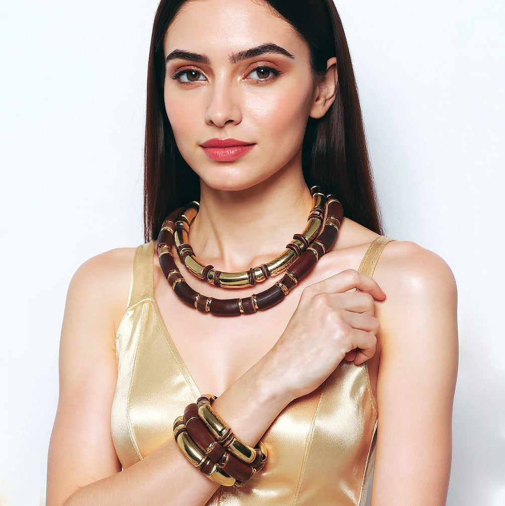 Trendy Layered Wooden CCB Bamboo Bead Necklace Jewelry Set - Versatile Accessories for Women