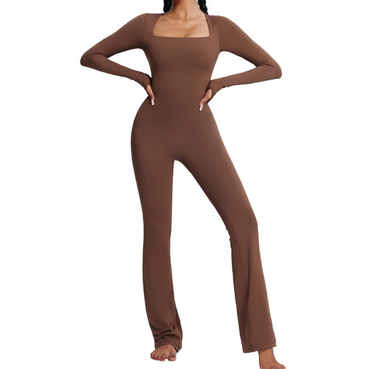 High Performance Long Sleeve Yoga Jumpsuit for Fall and Winter Breathable Stretchy Dance and Fitness Wear with Flared Legs for Women