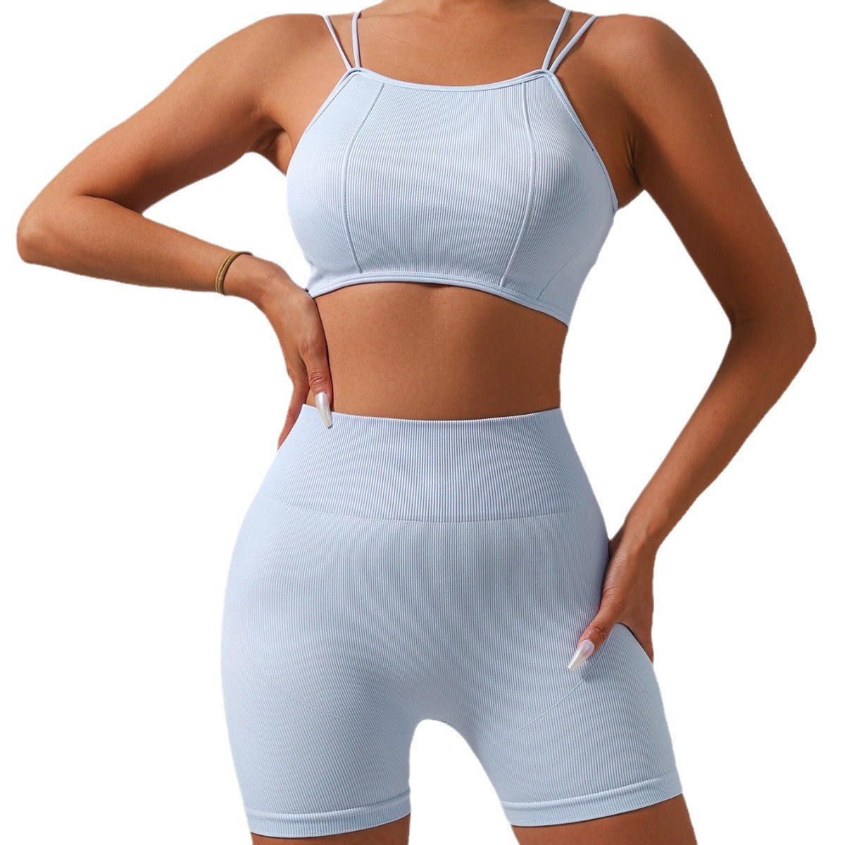 Seamless Women's Yoga Set and Supportive Yoga Sports Bra Cute Racerback Top and Comfortable Workout Shorts for Running and Fitness