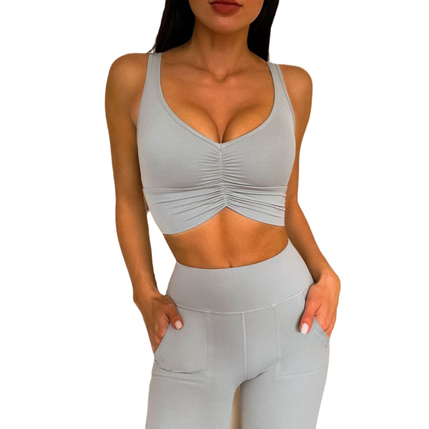 Women s High Waisted Yoga Set Firming Ruching Sports Bra with Anti Shock Support Side Pockets for Comfort and Lift