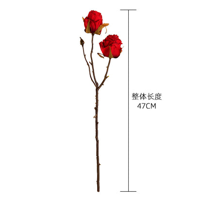 Elegant Dual-Headed Dried Rose Decorative Artificial Flowers – Realistic Green Plant for Weddings and Home Decor – Perfect for INS Aesthetic