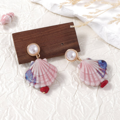 Ocean-Inspired Colorful Ceramic Shell Earrings with Faux Pearls - Trendy, Versatile, and Casual Jewelry for Women