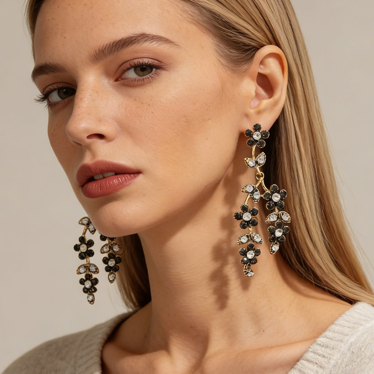 Elegant  Alloy Crystal Cascade Floral Earrings – Exquisite Branch and Leaf Design Perfect for Formal Events and Evening Dinners