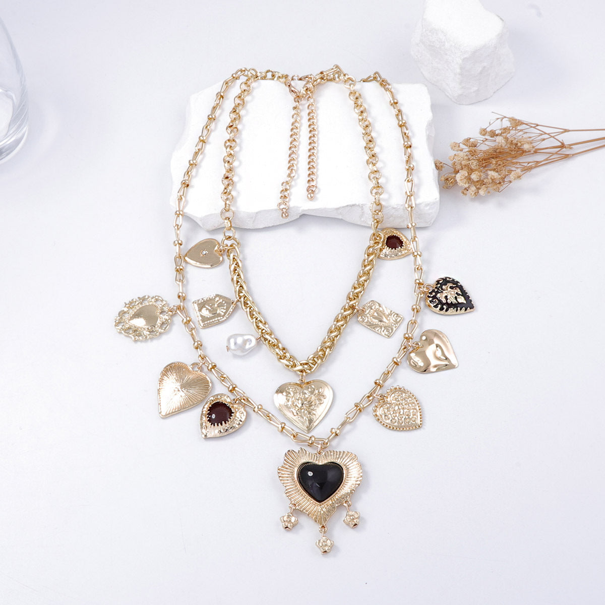 Vintage Goth-Inspired Geometric Heart-Shaped Pendant Layered Necklace and Earring Set for Women – Unique Double-Strand Chain Jewelry for a Bold Statement