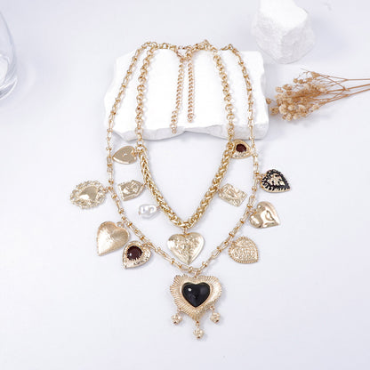 Vintage Goth-Inspired Geometric Heart-Shaped Pendant Layered Necklace and Earring Set for Women – Unique Double-Strand Chain Jewelry for a Bold Statement