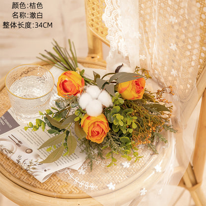 Stunning INS Style White Cotton Bouquet - Realistic Faux Flowers & Greenery for Wedding Decor - YC1043