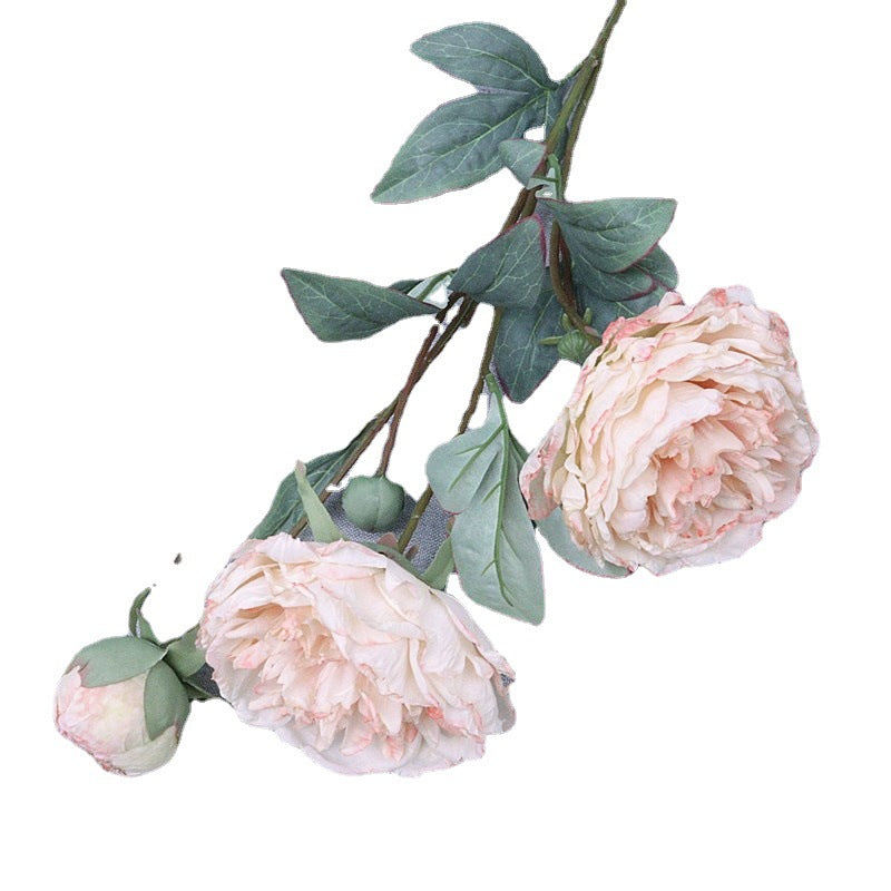 Elegant Single Stem Court-Style 3-Head Peony Faux Flowers with Burnt Edges - Perfect for Weddings, Photographic Studios, Home Decor, and Floral Arrangements