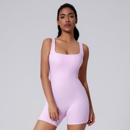 Slim Fit Quick Dry Yoga Bodysuit with Back Design Women's Sculpting Activewear Figure Flattering High Waisted Ribbed Shorts for Comfort and Performance