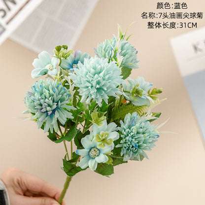 7-Head Artistic Oil Painting Ball Chrysanthemum Home Decor - INS Style Faux Flowers for Wedding and Celebration - Model MW81003