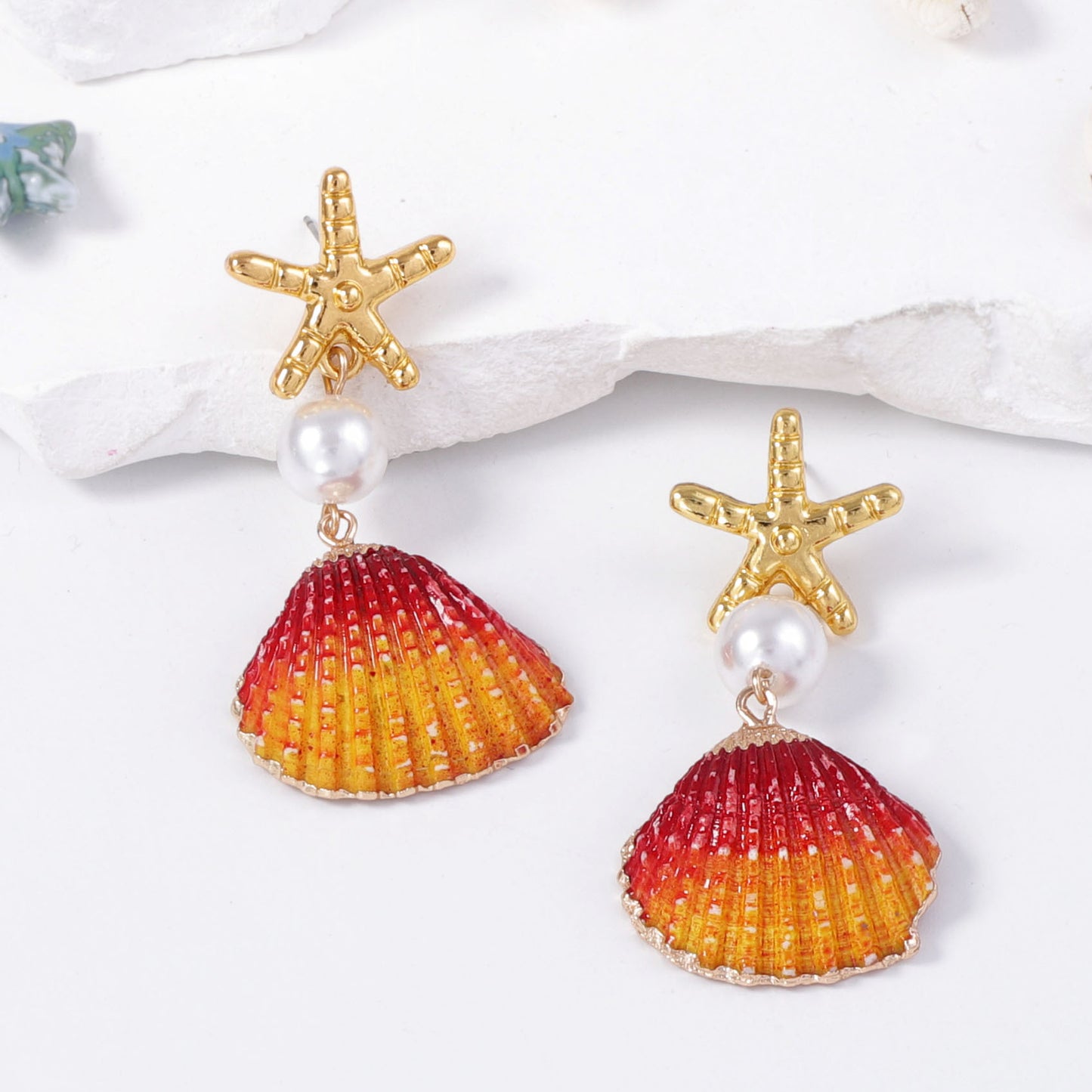 Unique Ocean-Inspired Colorful Shell and Faux Pearl Starfish Earrings for Women – Creative Design, Perfect for Beach Lovers