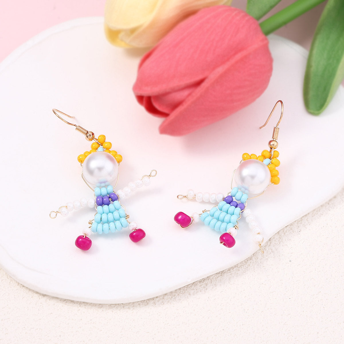 Unique Handcrafted Cartoon Character Beaded Hook Earrings - Quirky, Adorable Designs for a Playful Style