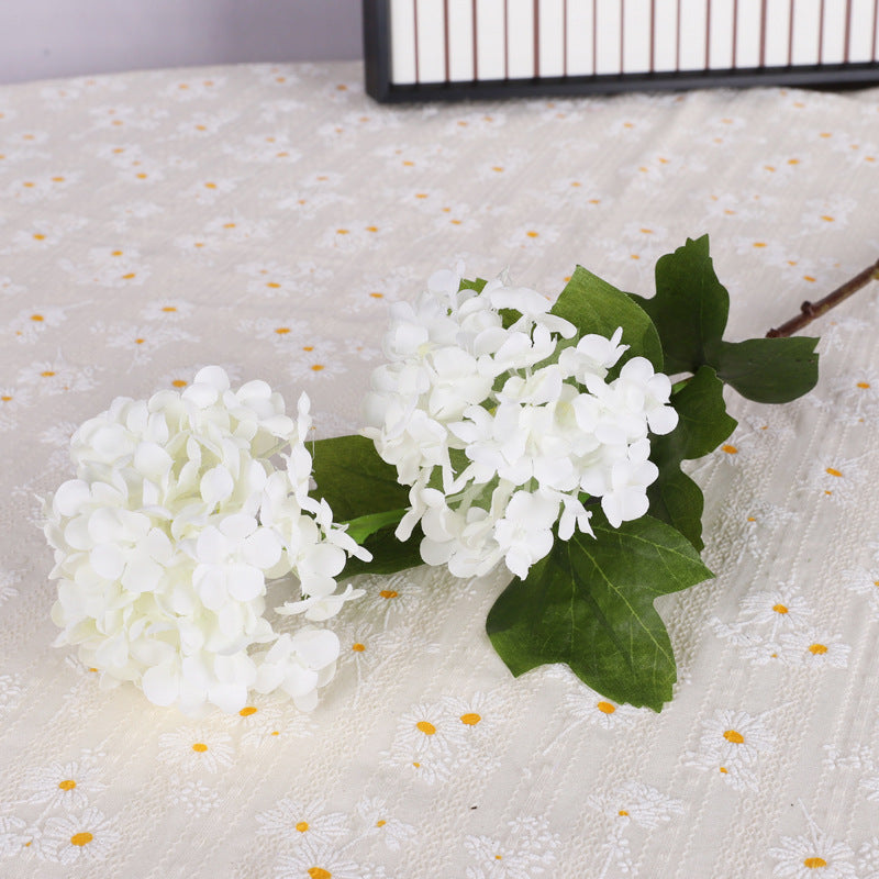 Realistic Two-Headed Snowball Hydrangea Stem with Leaves – Perfect for Wedding and Celebration Decor – Elegant Faux Flowers for Home and Event Styling